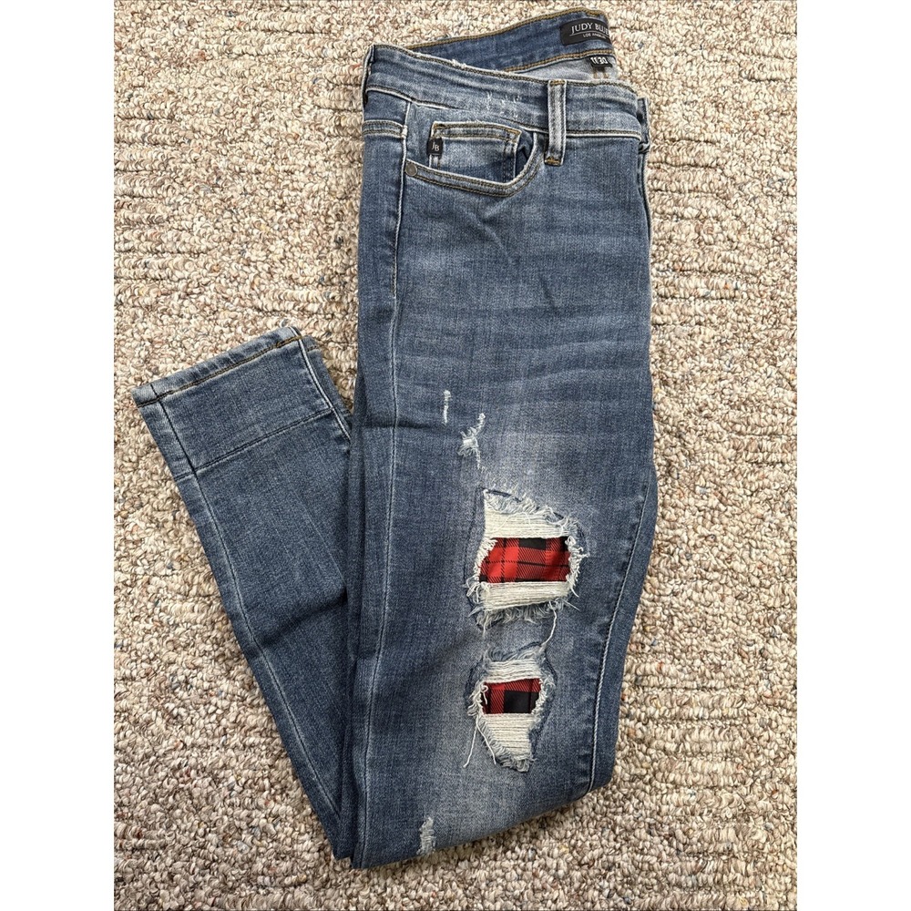 Womens Judy Blue Skinny Fit Jeans‎ Size 11/30 Blue Demon Distressed Red Plaid